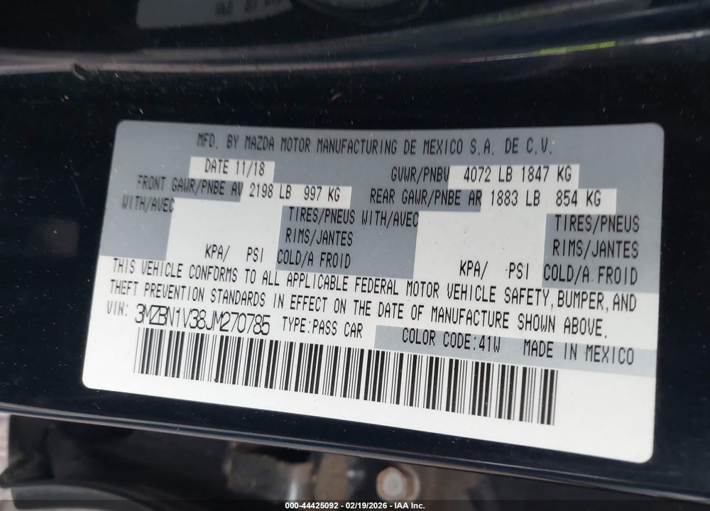 2018 MAZDA 3 TOURING VIN: 3MZBN1V38JM270785