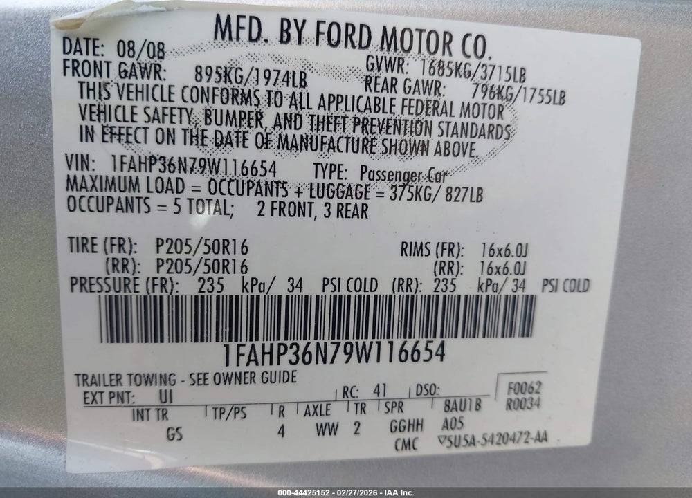 2009 FORD FOCUS SES VIN: 1FAHP36N79W116654