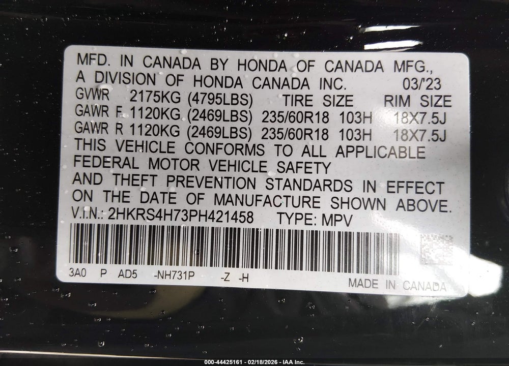 2023 HONDA CR-V EX-L AWD VIN: 2HKRS4H73PH421458