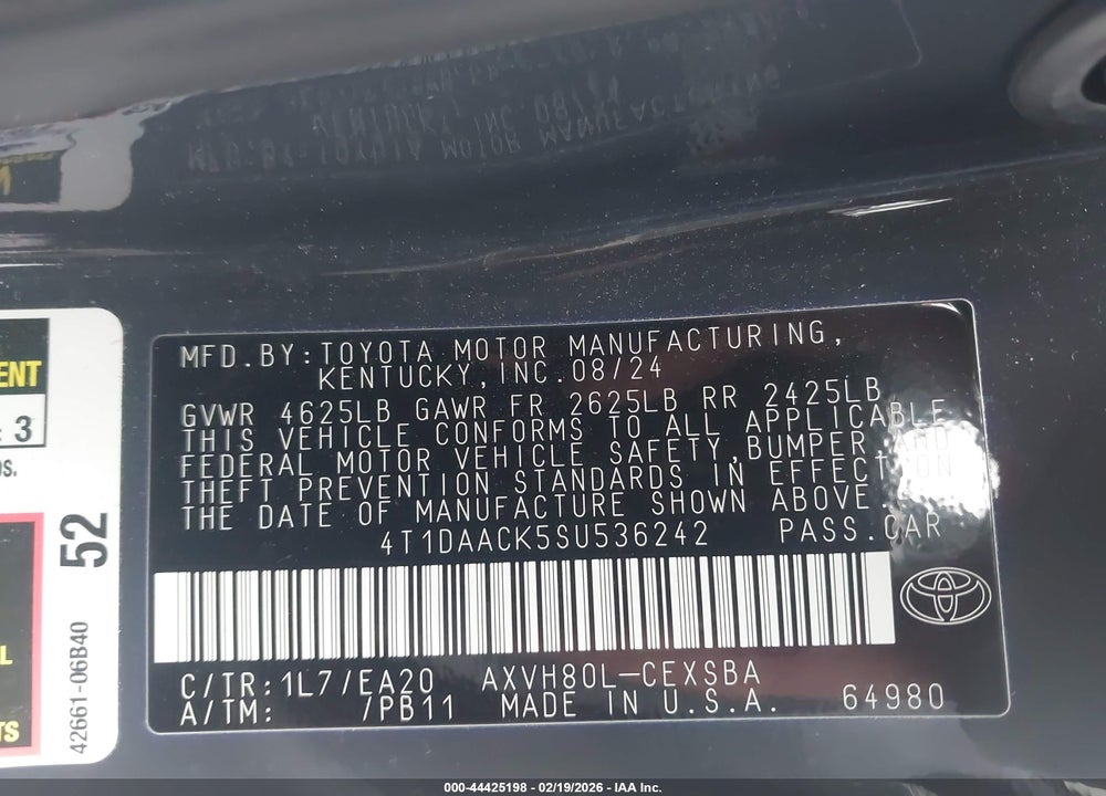 2025 TOYOTA CAMRY SE VIN: 4T1DAACK5SU536242