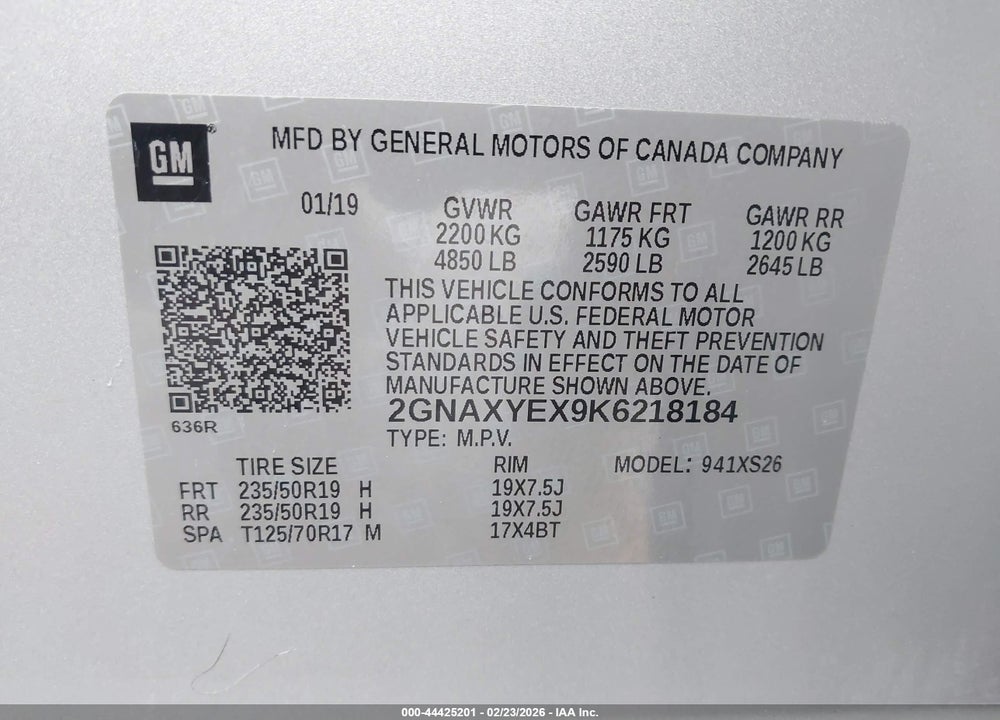 2019 CHEVROLET EQUINOX PREMIER VIN: 2GNAXYEX9K6218184