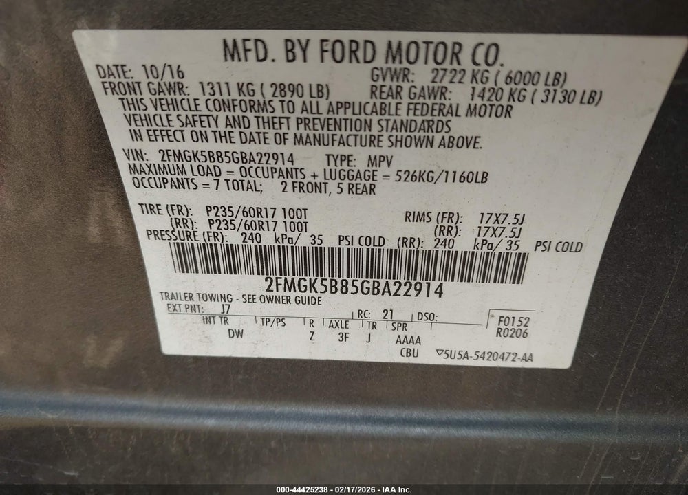 2016 FORD FLEX SE VIN: 2FMGK5B85GBA22914