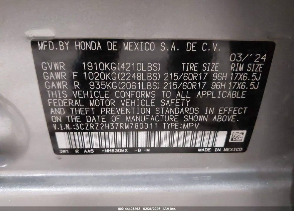 2024 HONDA HR-V AWD LX VIN: 3CZRZ2H37RM780011