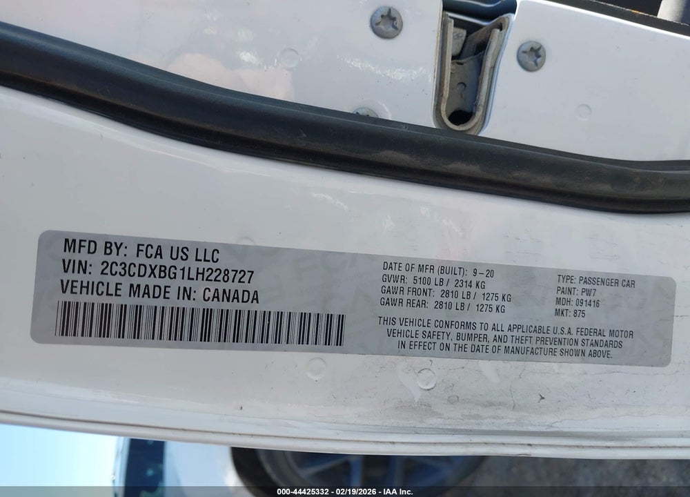 2020 DODGE CHARGER SXT RWD VIN: 2C3CDXBG1LH228727