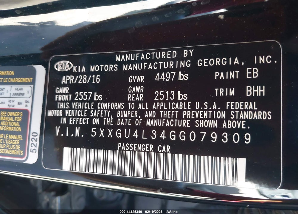 2016 KIA OPTIMA EX VIN: 5XXGU4L34GG079309