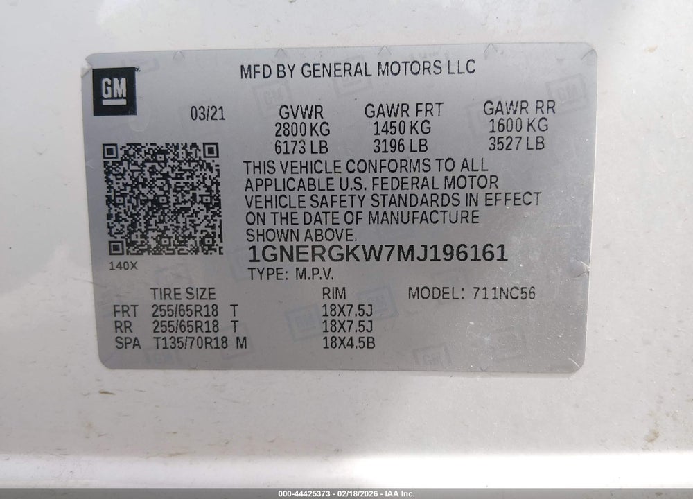 2021 CHEVROLET TRAVERSE FWD LT CLOTH VIN: 1GNERGKW7MJ196161