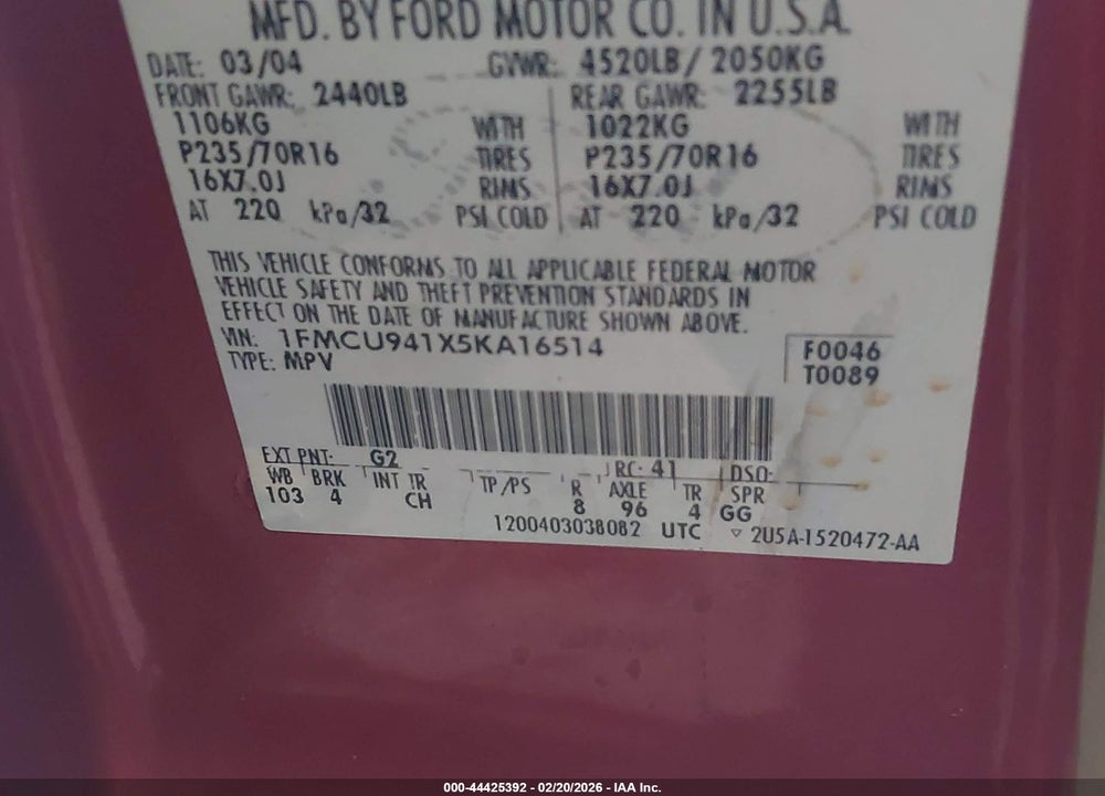 2005 FORD ESCAPE LIMITED VIN: 1FMCU941X5KA16514