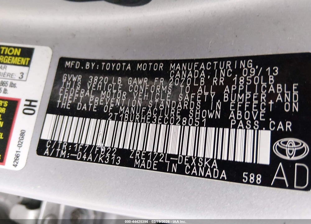 2014 TOYOTA COROLLA S PLUS VIN: 2T1BURHE3EC028051
