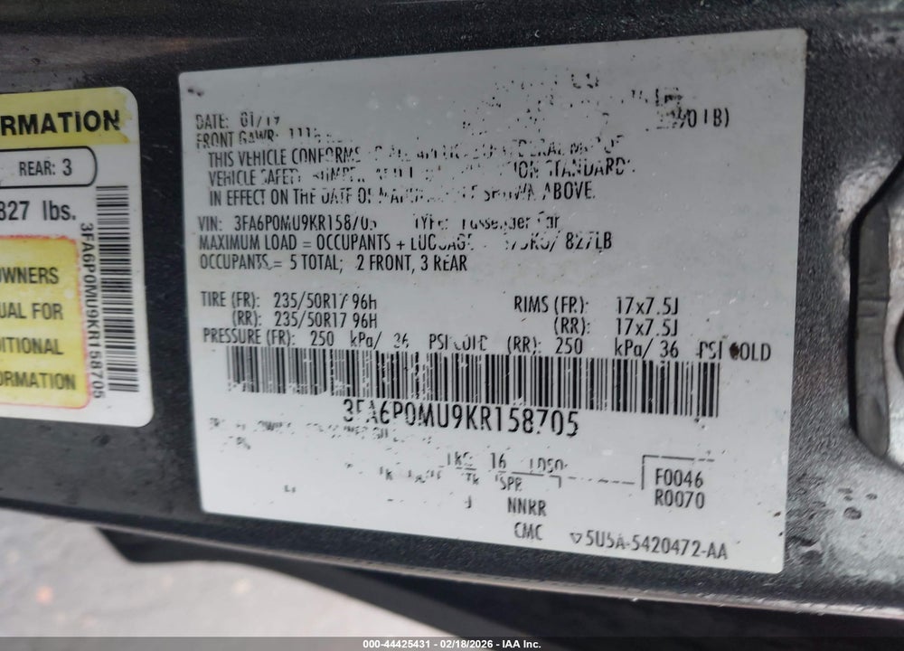 2019 FORD FUSION SEL VIN: 3FA6P0MU9KR158705