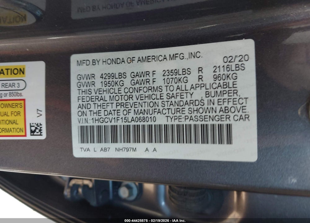 2020 HONDA ACCORD LX VIN: 1HGCV1F15LA068010