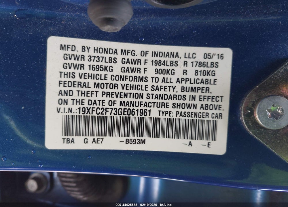 2016 HONDA CIVIC EX VIN: 19XFC2F73GE061961