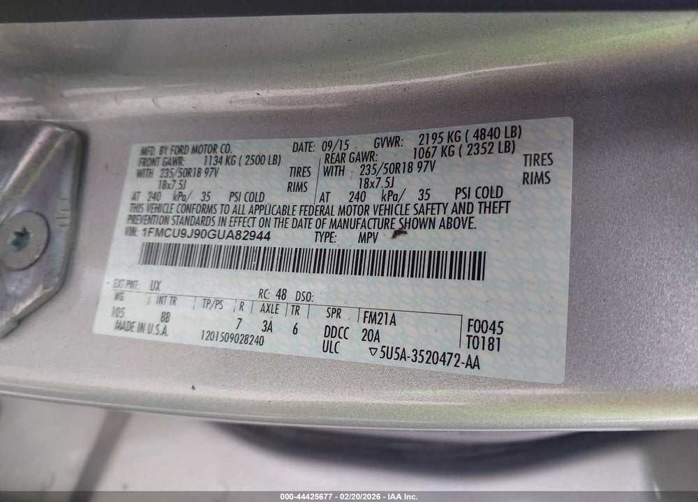 2016 FORD ESCAPE TITANIUM VIN: 1FMCU9J90GUA82944