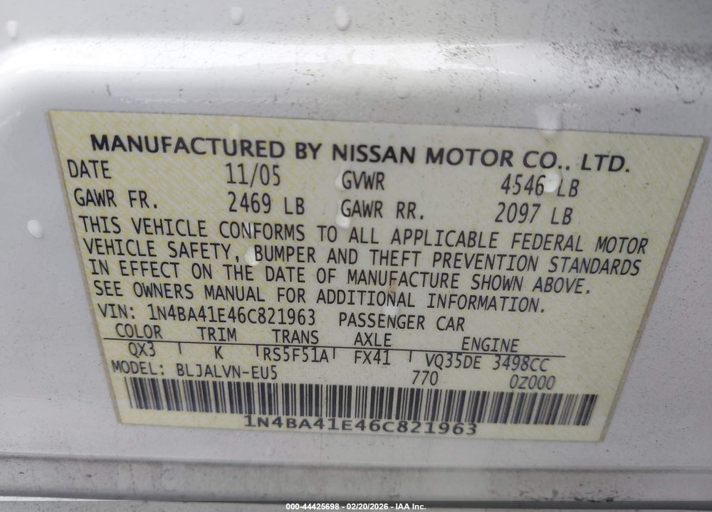 2006 NISSAN MAXIMA 3.5 SE VIN: 1N4BA41E46C821963
