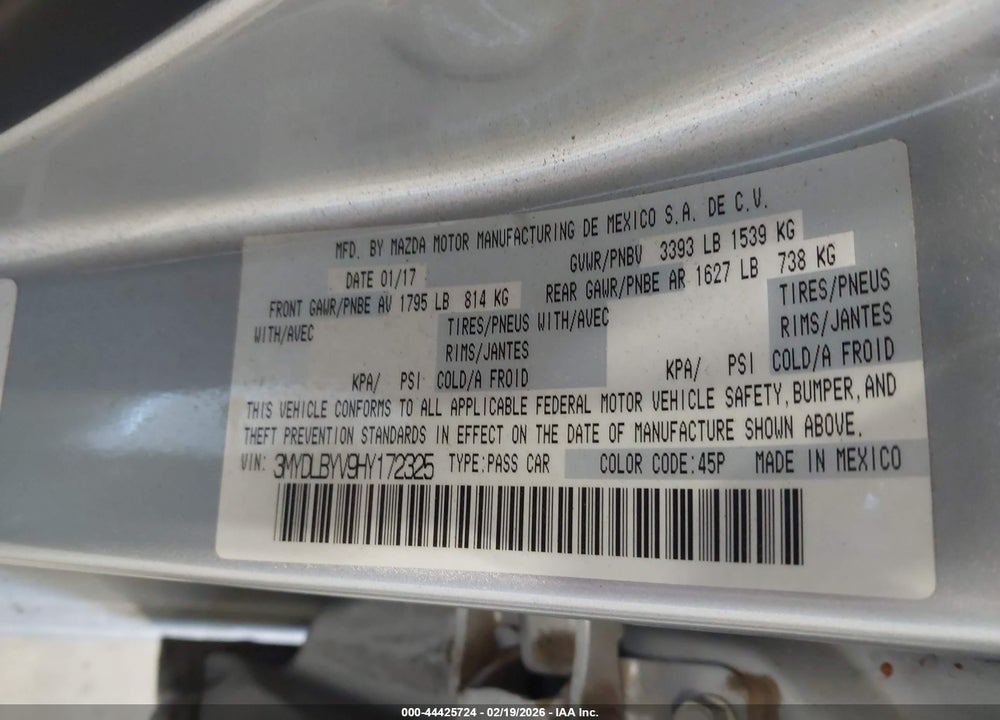 2017 TOYOTA YARIS IA VIN: 3MYDLBYV9HY172325