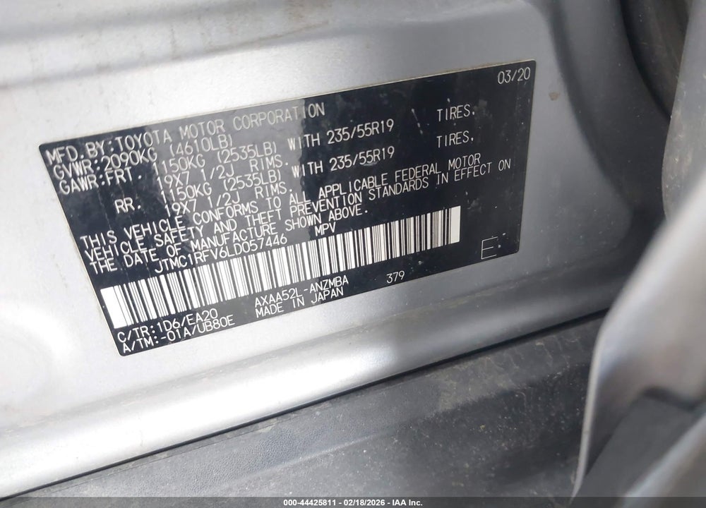 2020 TOYOTA RAV4 XLE PREMIUM VIN: JTMC1RFV6LD057446
