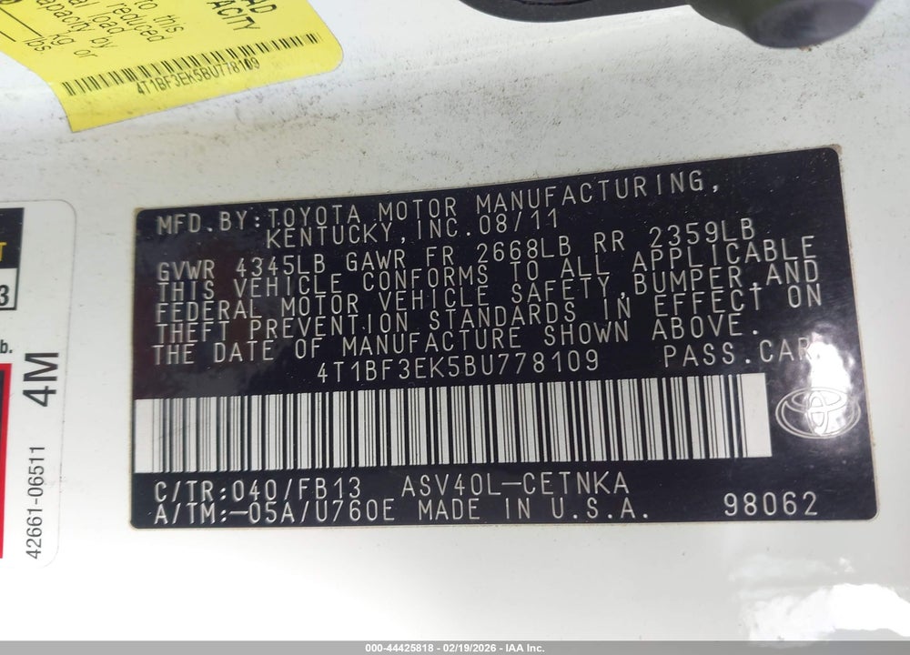 2011 TOYOTA CAMRY LE VIN: 4T1BF3EK5BU778109