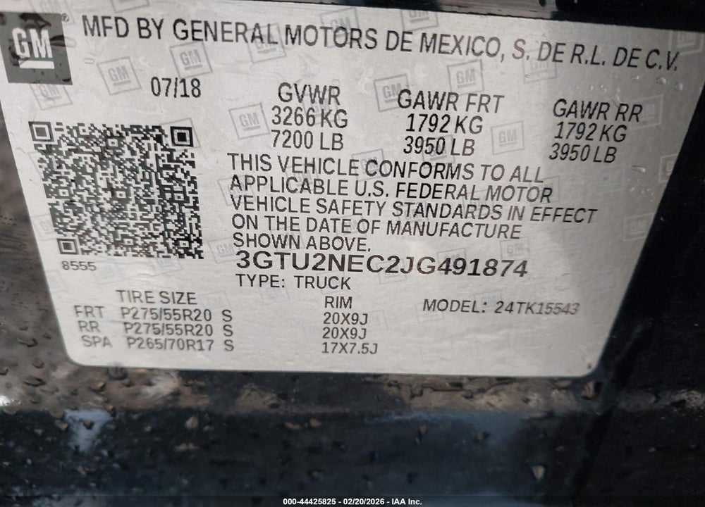 2018 GMC SIERRA 1500 SLT VIN: 3GTU2NEC2JG491874