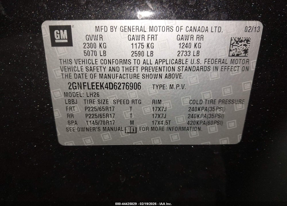 2013 CHEVROLET EQUINOX 1LT VIN: 2GNFLEEK4D6276906