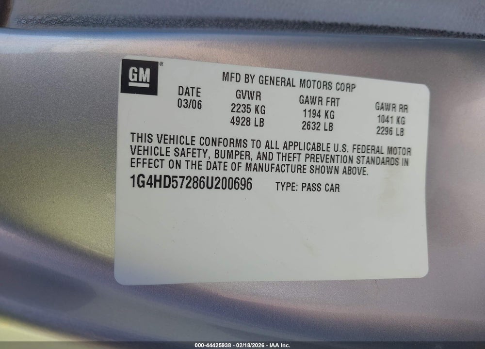 2006 BUICK LUCERNE CXL VIN: 1G4HD57286U200696
