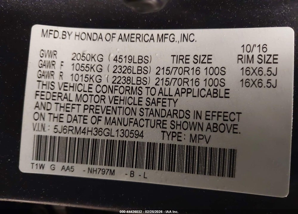 2016 HONDA CR-V LX VIN: 5J6RM4H36GL130594