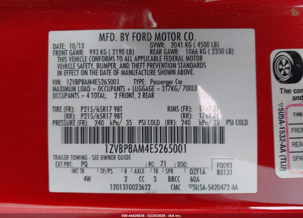 2014 FORD MUSTANG V6 PREMIUM VIN: 1ZVBP8AM4E5265001