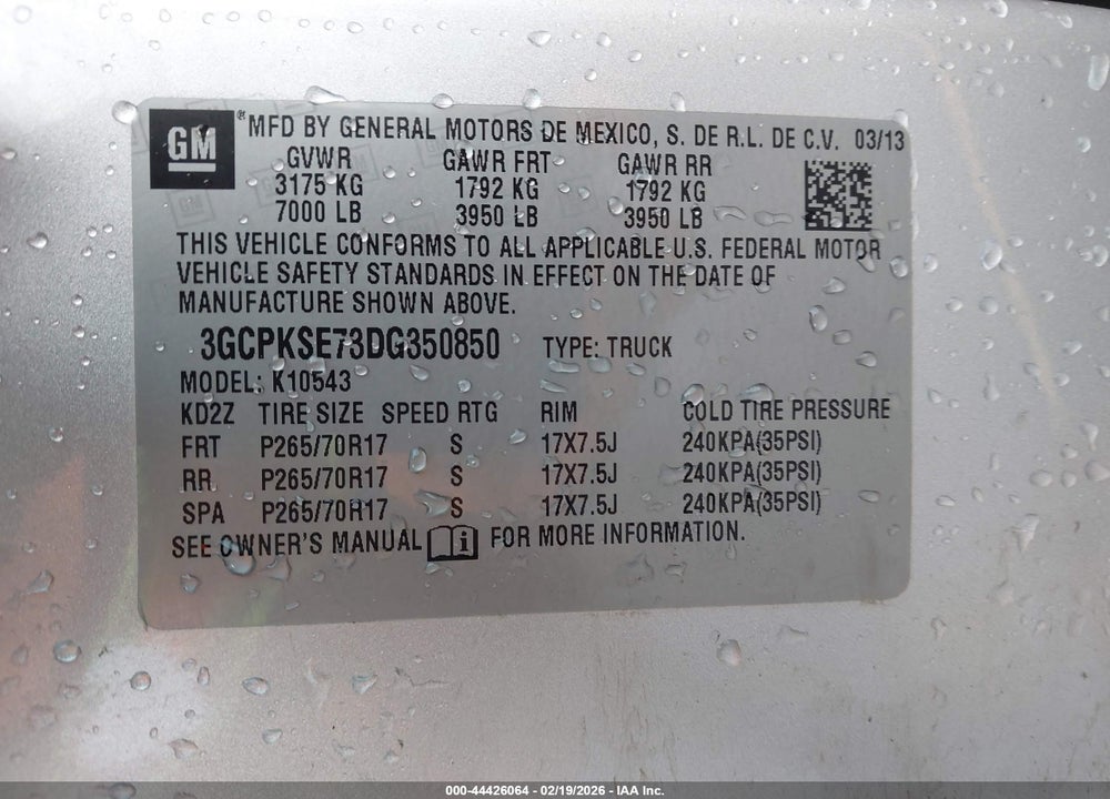 2013 CHEVROLET SILVERADO 1500 LT VIN: 3GCPKSE73DG350850