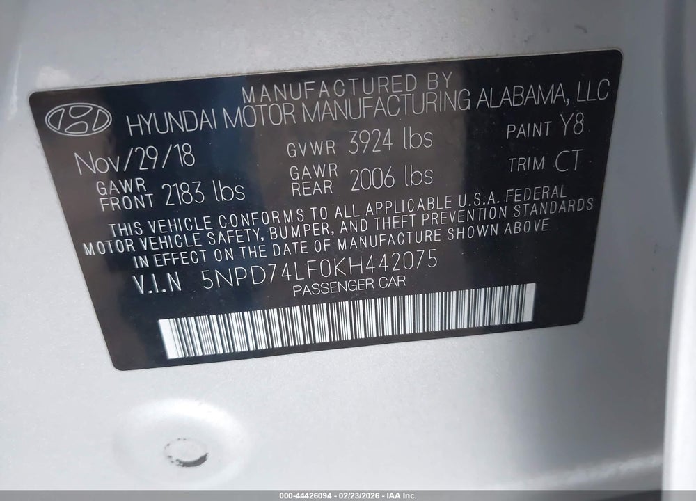 2019 HYUNDAI ELANTRA SE VIN: 5NPD74LF0KH442075