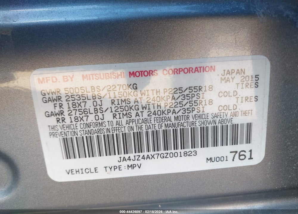2016 MITSUBISHI OUTLANDER GT VIN: JA4JZ4AX7GZ001823