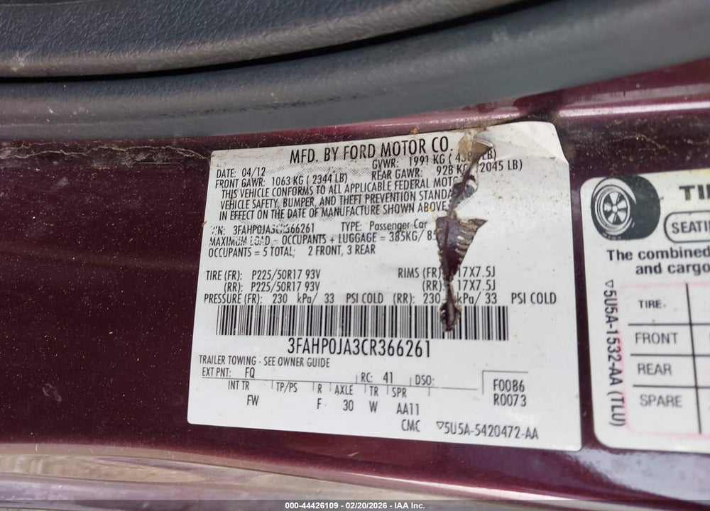 2012 FORD FUSION SEL VIN: 3FAHP0JA3CR366261