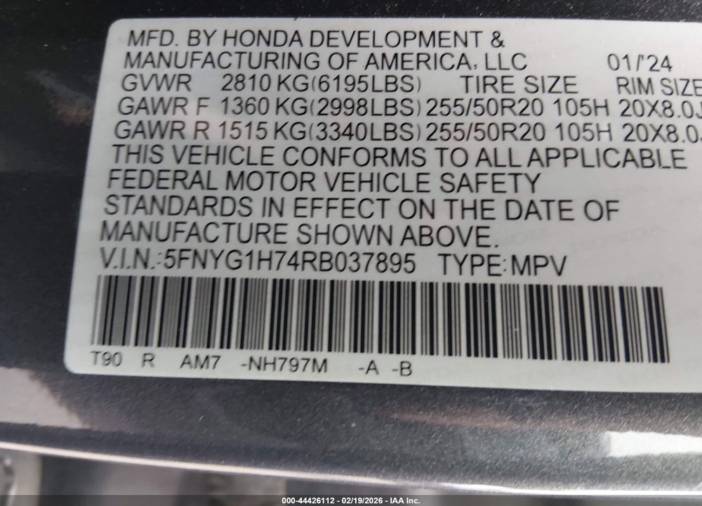 2024 HONDA PILOT TOURING VIN: 5FNYG1H74RB037895