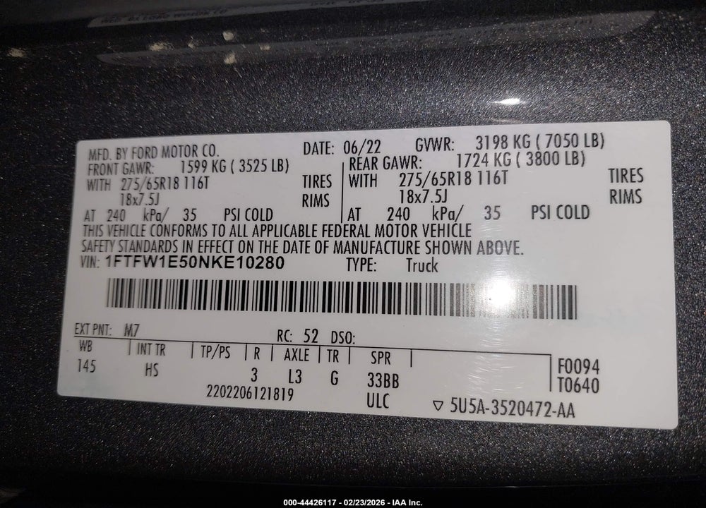 2022 FORD F-150 LARIAT VIN: 1FTFW1E50NKE10280