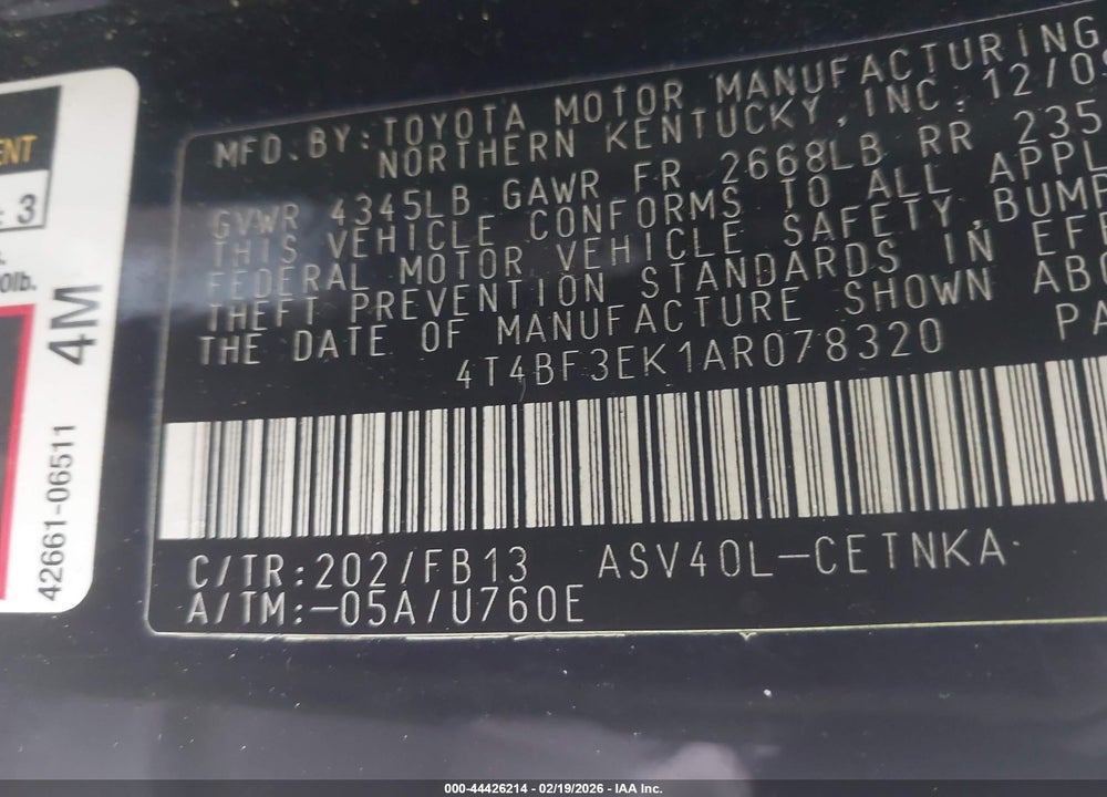 2010 TOYOTA CAMRY LE VIN: 4T4BF3EK1AR078320
