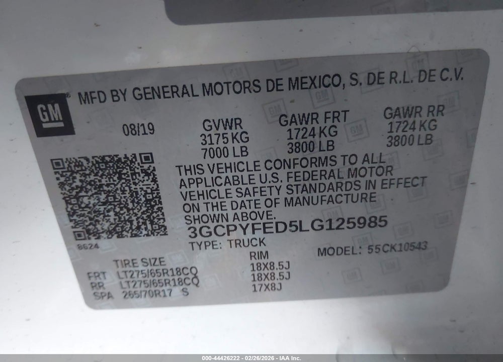 2020 CHEVROLET SILVERADO 1500 4WD  SHORT BED LT TRAIL BOSS VIN: 3GCPYFED5LG125985