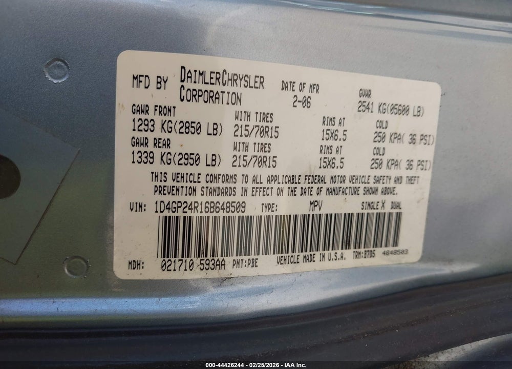 2006 DODGE GRAND CARAVAN SE VIN: 1D4GP24R16B648509