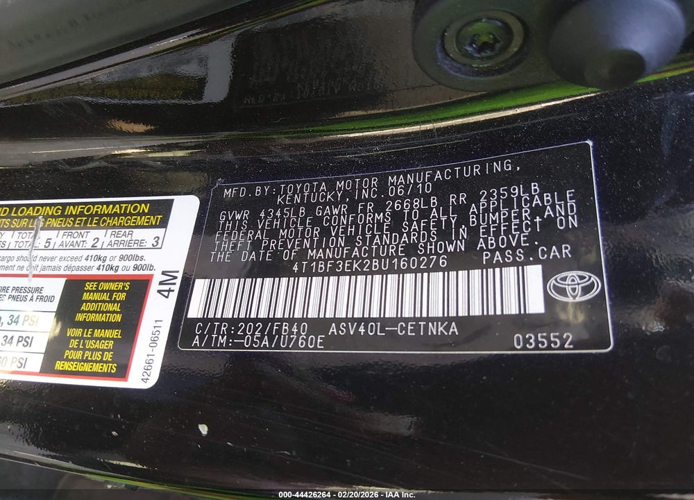 2011 TOYOTA CAMRY VIN: 4T1BF3EK2BU160276