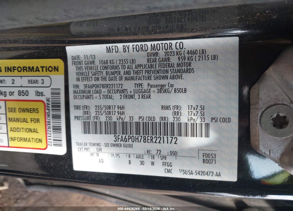 2014 FORD FUSION SE VIN: 3FA6P0H78ER221172
