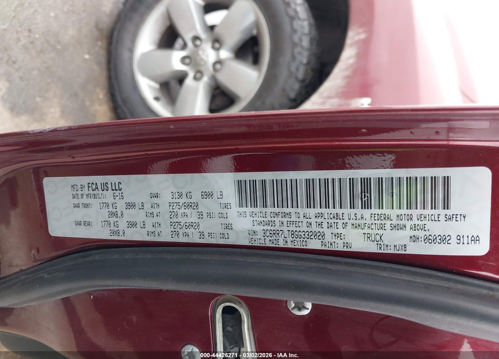 2016 RAM 1500 BIG HORN VIN: 3C6RR7LT8GG332020