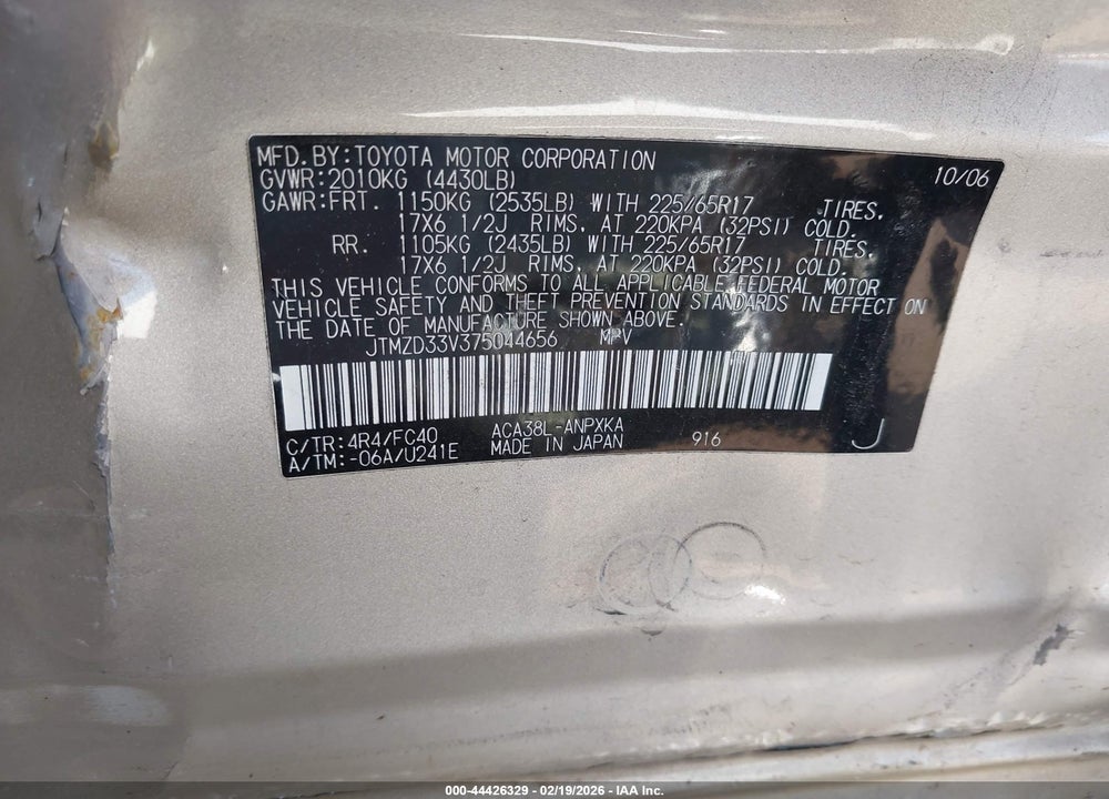 2007 TOYOTA RAV4 VIN: JTMZD33V375044656