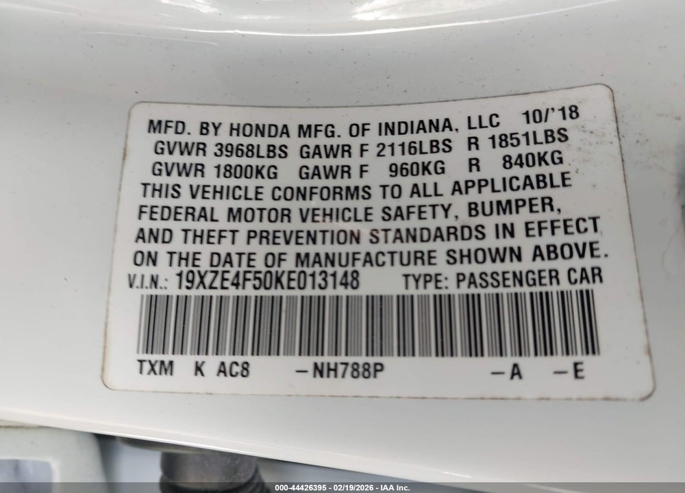 2019 HONDA INSIGHT EX VIN: 19XZE4F50KE013148