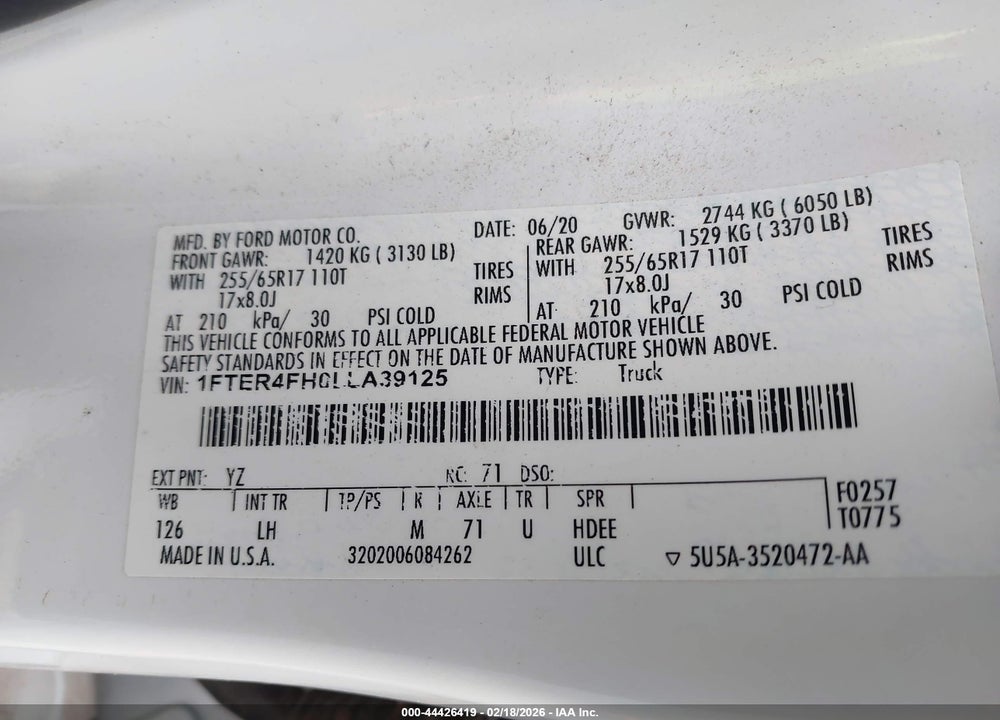 2020 FORD RANGER XLT VIN: 1FTER4FH0LLA39125