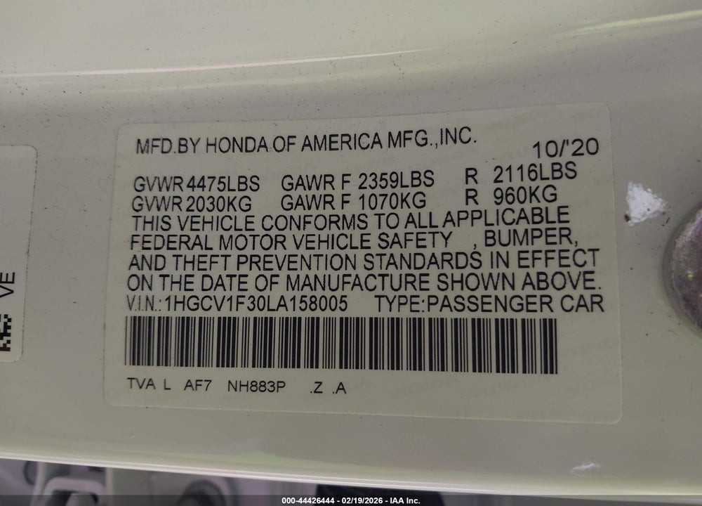 2020 HONDA ACCORD SPORT VIN: 1HGCV1F30LA158005