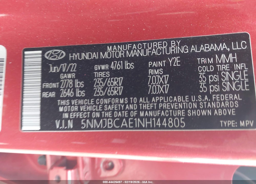 2022 HYUNDAI TUCSON SEL VIN: 5NMJBCAE1NH144805