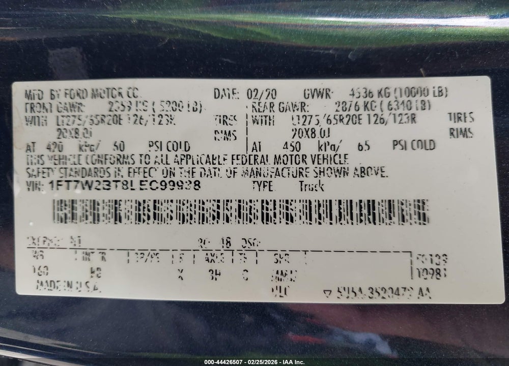 2020 FORD F-250 PLATINUM VIN: 1FT7W2BT8LEC99938