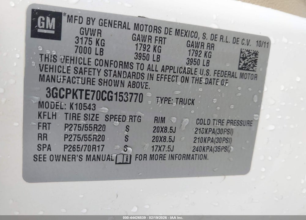 2012 CHEVROLET SILVERADO 1500 LTZ VIN: 3GCPKTE70CG153770