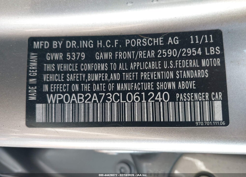 2012 PORSCHE PANAMERA 4S VIN: WP0AB2A73CL061240