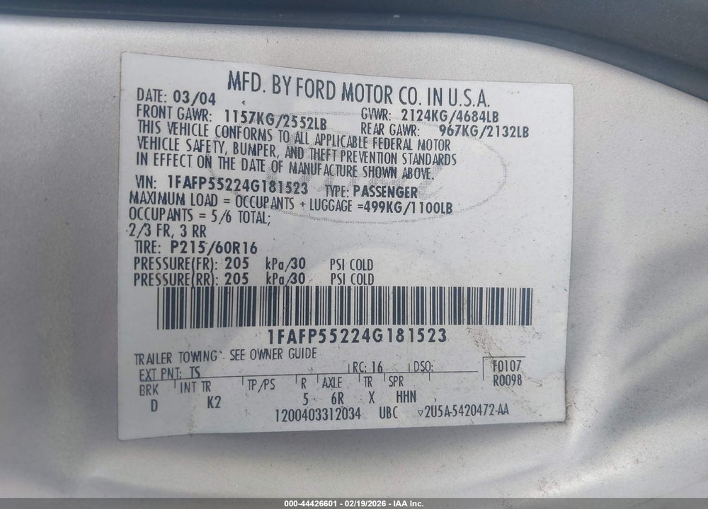 2004 FORD TAURUS SES VIN: 1FAFP55224G181523