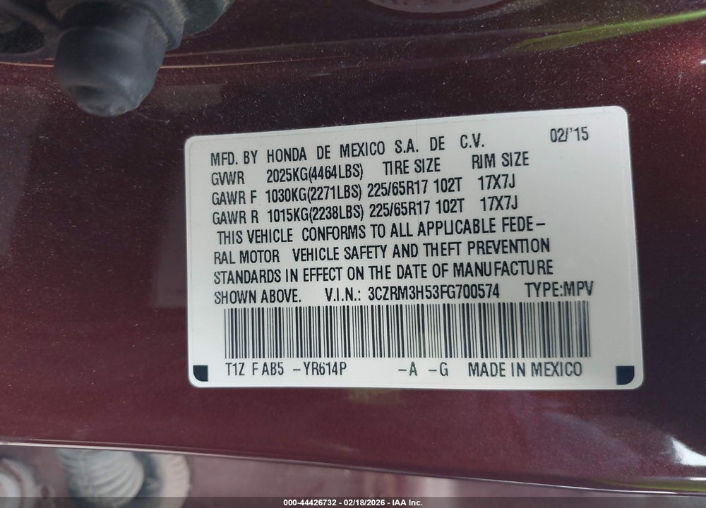 2015 HONDA CR-V EX VIN: 3CZRM3H53FG700574