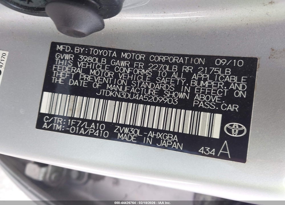 2010 TOYOTA PRIUS VIN: JTDKN3DU4A5209903