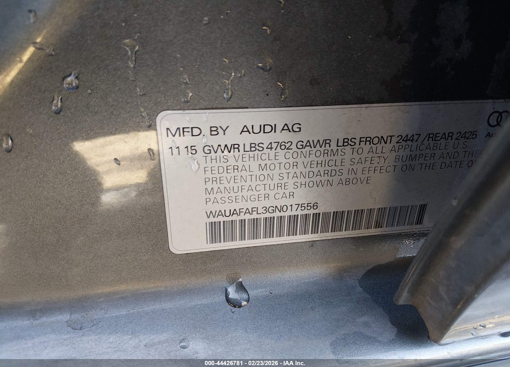 2016 AUDI A4 2.0T PREMIUM VIN: WAUAFAFL3GN017556