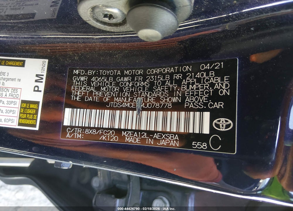 2021 TOYOTA COROLLA SE VIN: JTDS4MCE8MJ078778